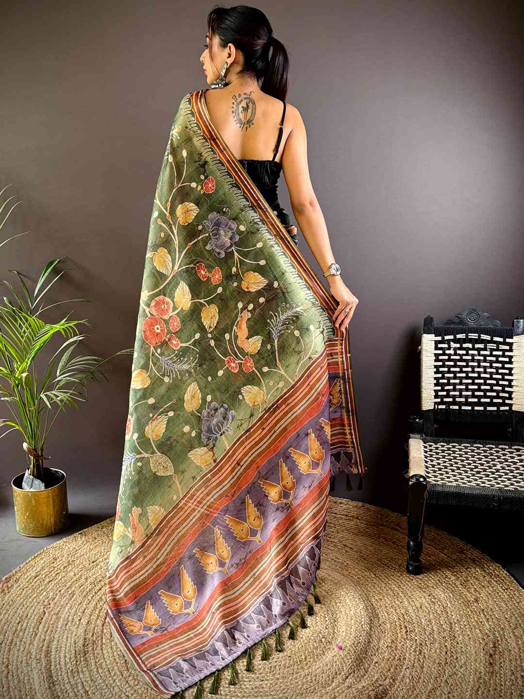 Dark Green Tissue Chanderi Kalamkari Saree by My Store