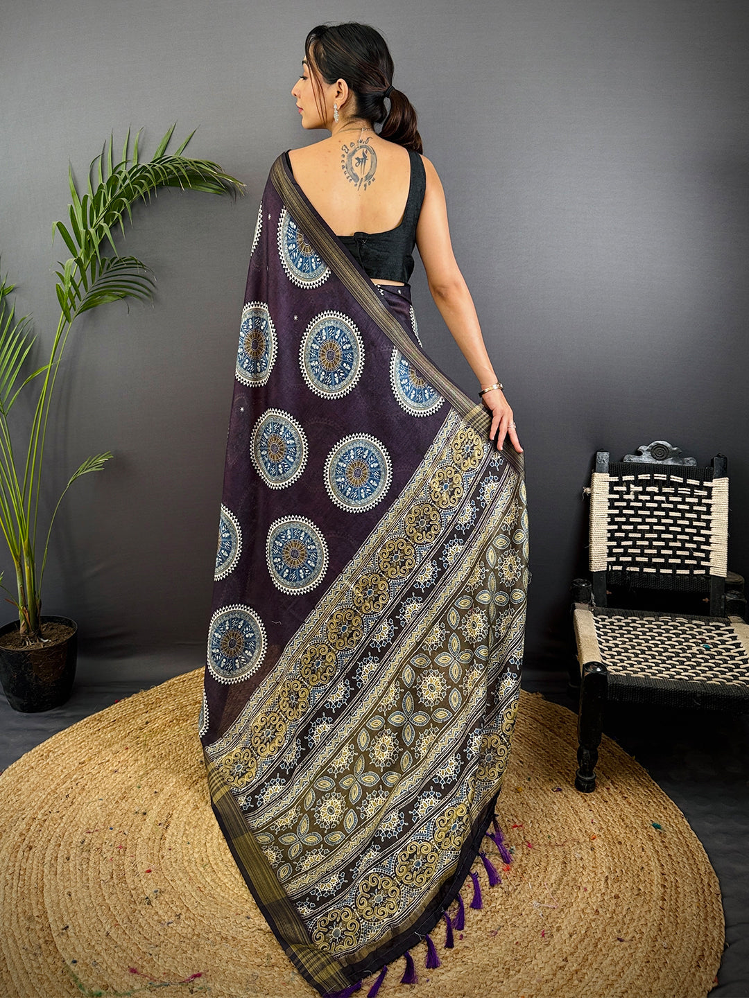 Dark Purple Linen Ajarak Print Saree by My Store