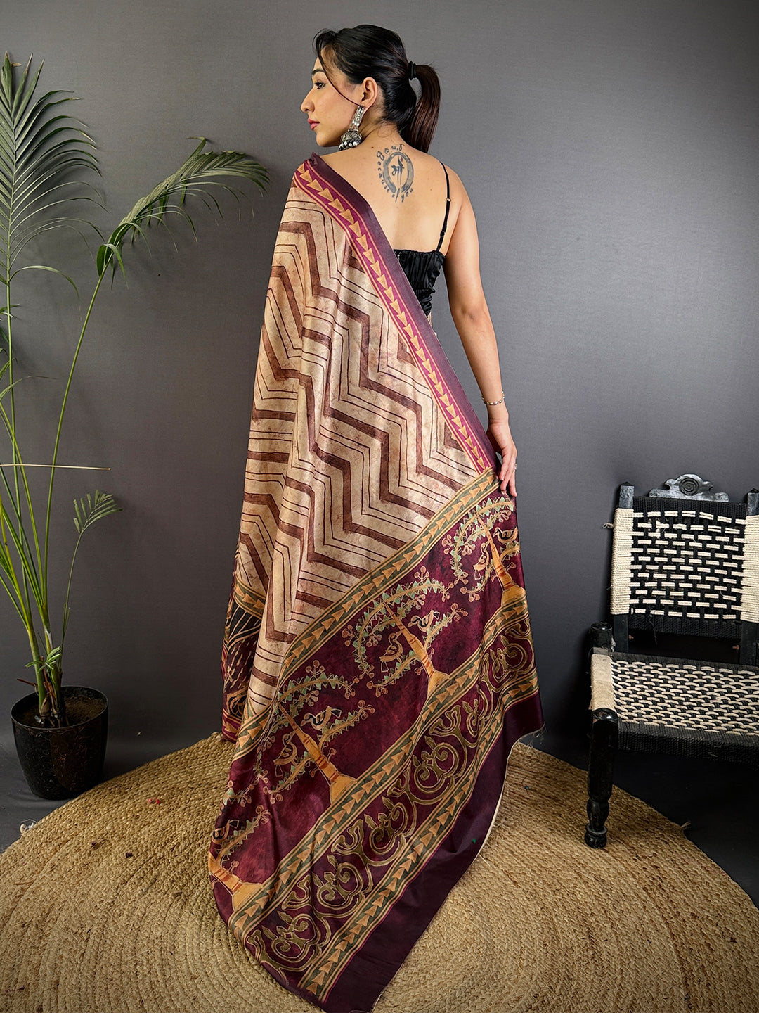 Beige Soft Dola Silk Printed Saree