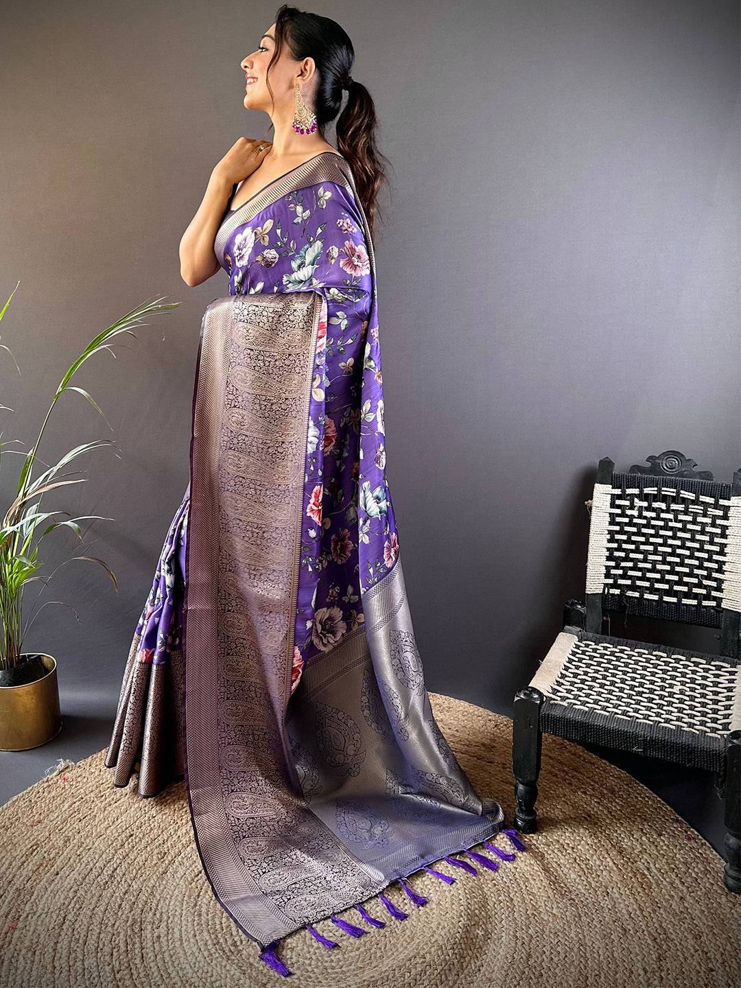 Lavender Satin Silk Floral Print Saree