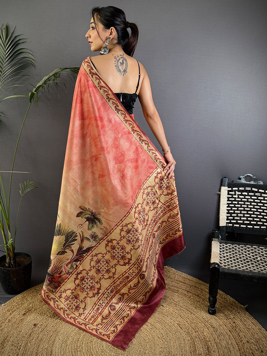 Red Soft Dola Silk Printed Saree by My Store
