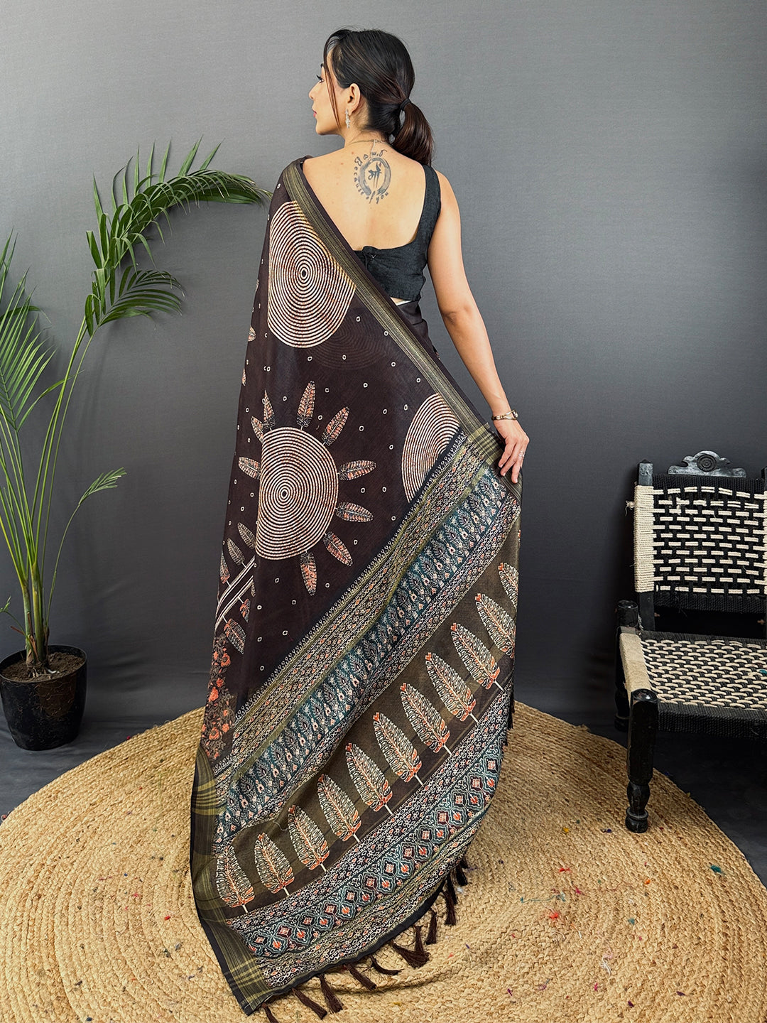 Deep Brown Linen Ajarak Print Saree by My Store