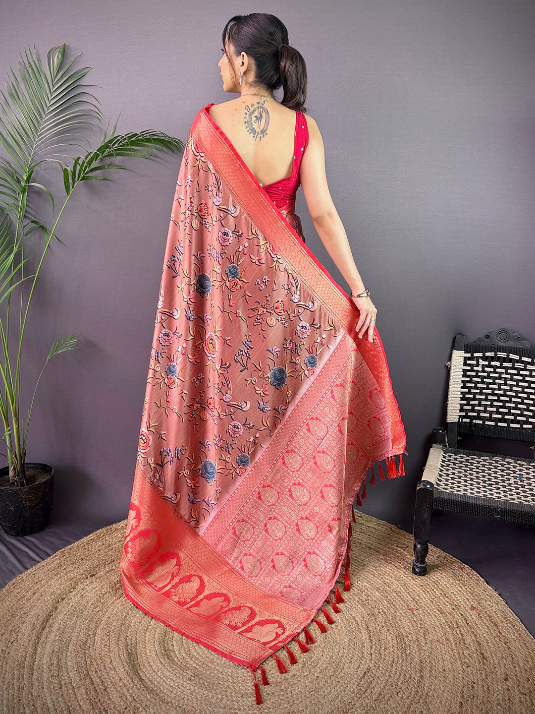 Ethereal Soft Cherry Satin Kalamkari Print Saree by My Store