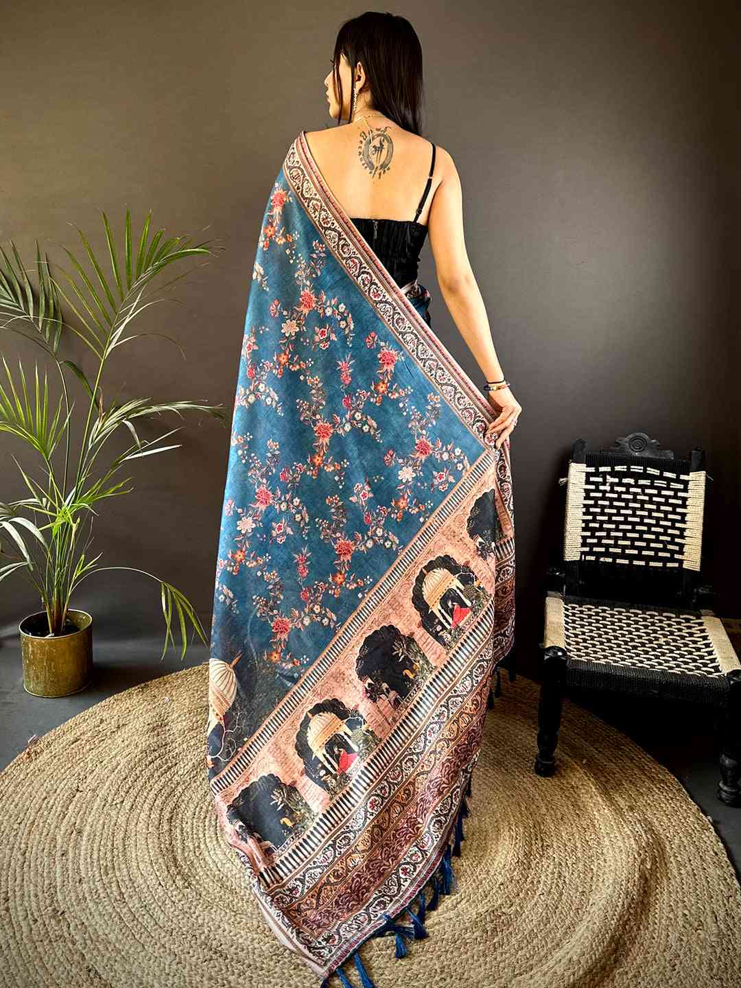 Deep Blue Tissue Chanderi Kalamkari Handprint Saree by My Store