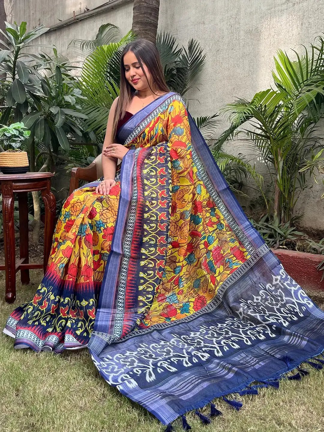 Floral Ikkat Printed Party Wear Saree by My Store