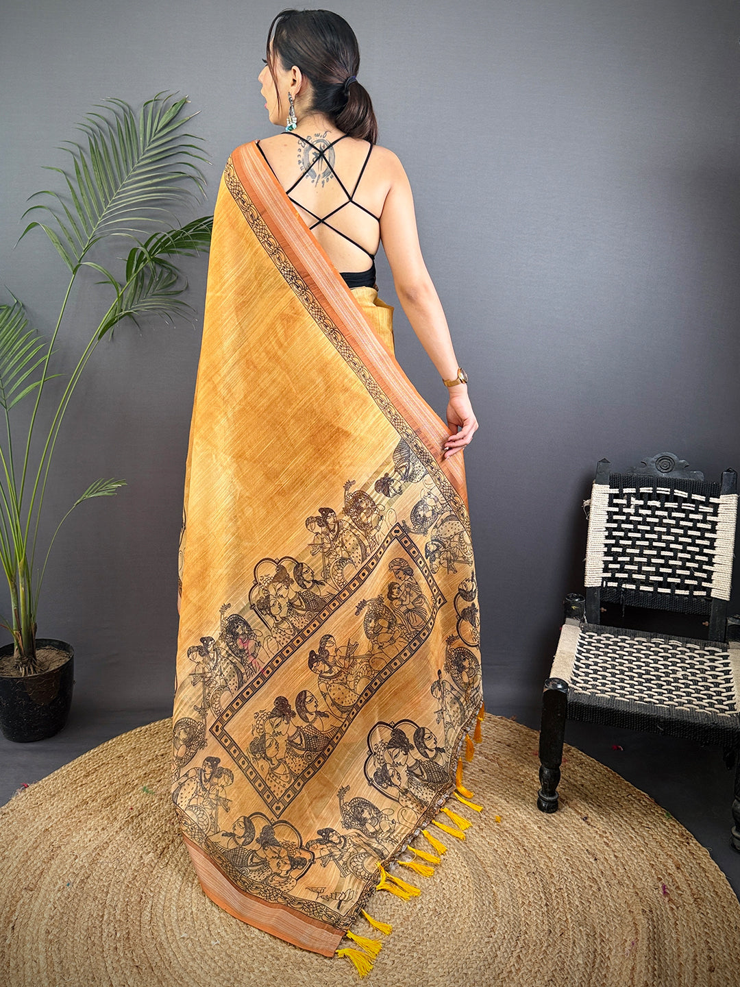 Mustard Linen Kalamkari Printed Saree by My Store