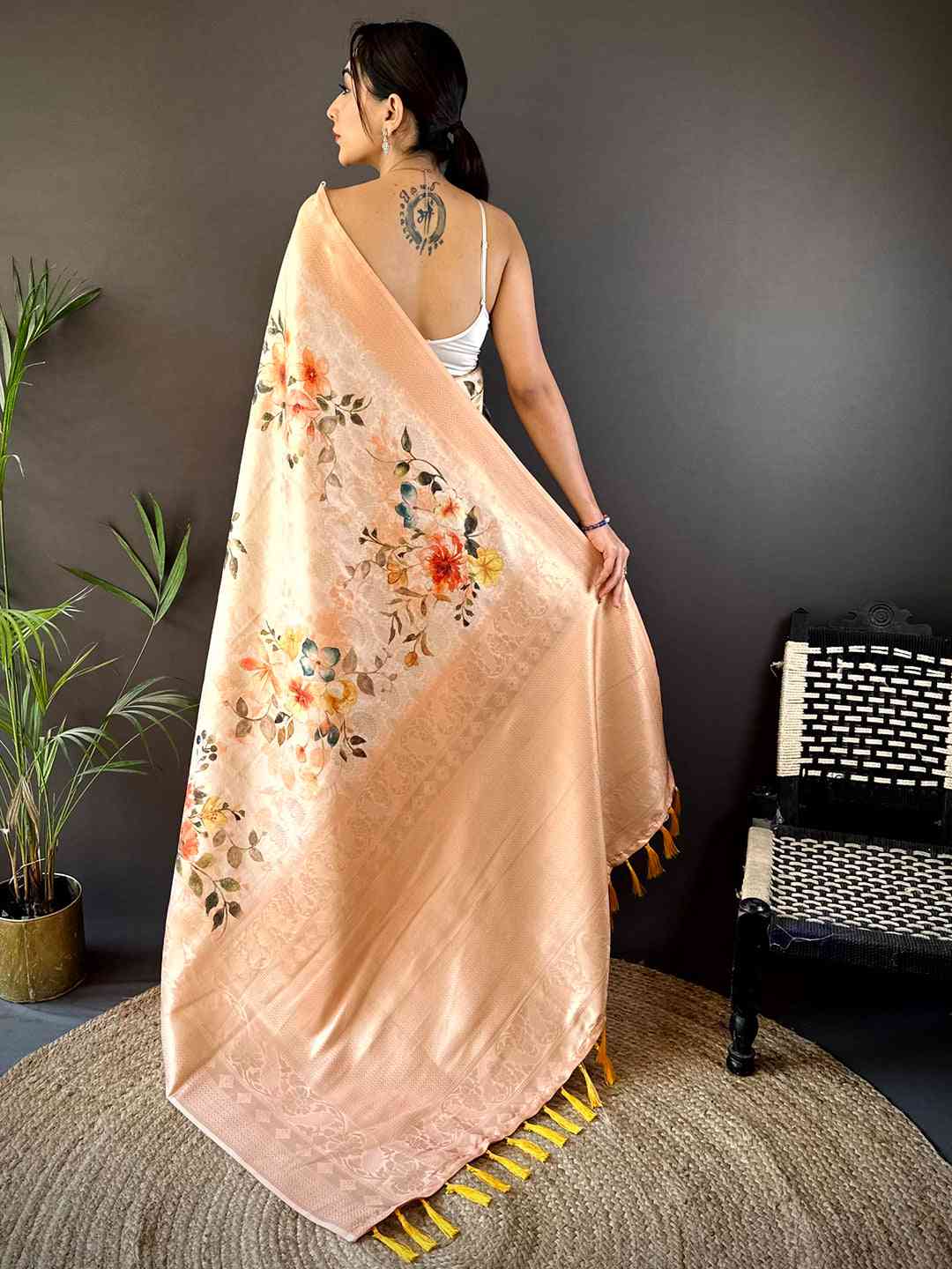 Peach Kanjivaram Digital Silk Saree by My Store