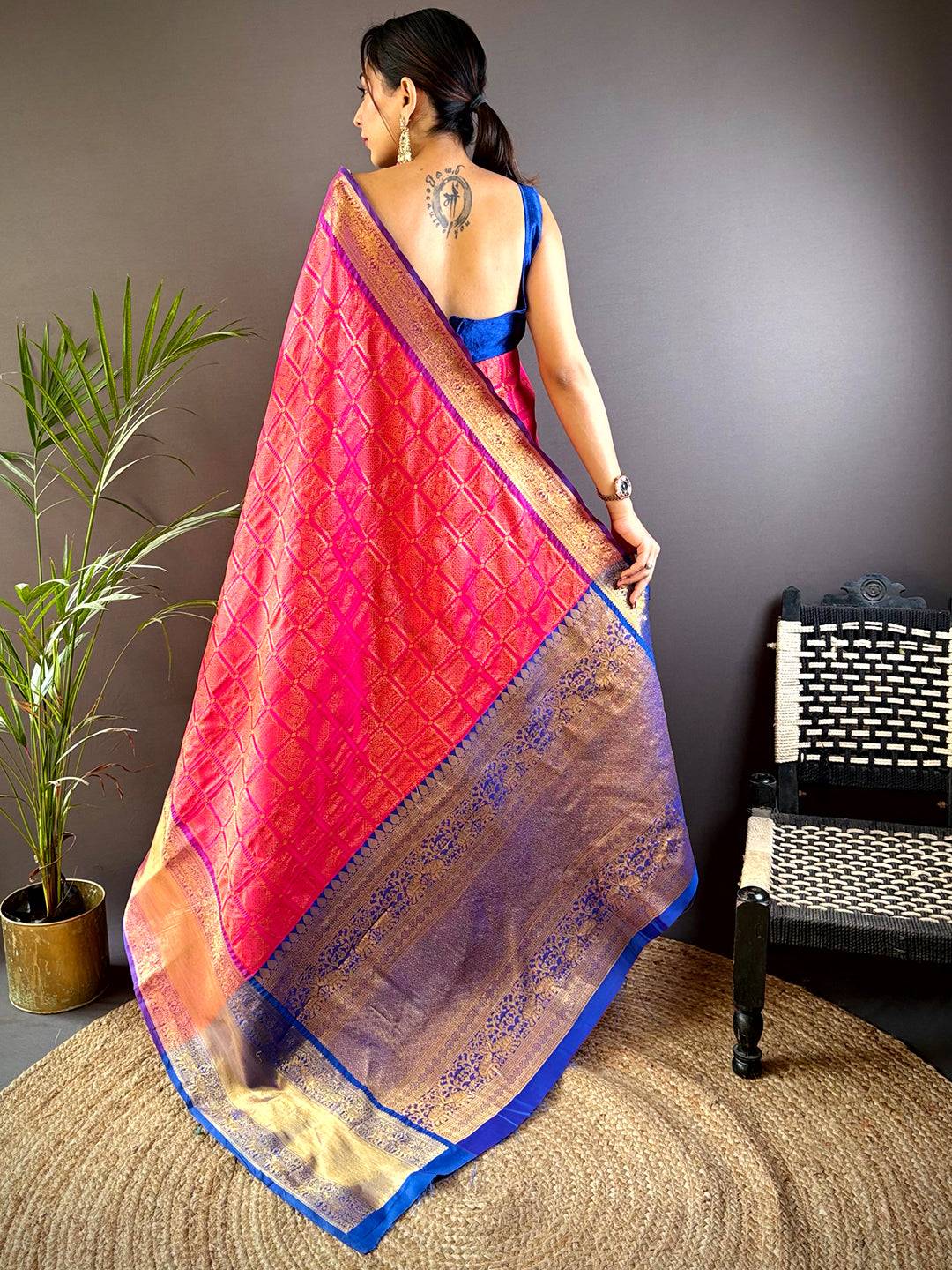 Pink Kanjivaram Checked Saree With Radiant Zari Border by My Store