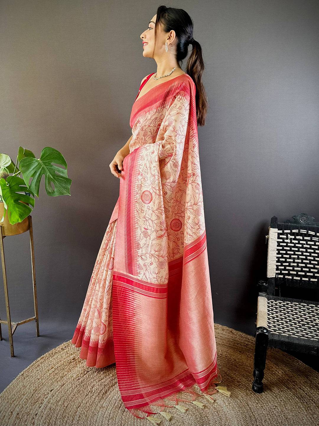 Red Floral Tussar Silk Saree by My Store