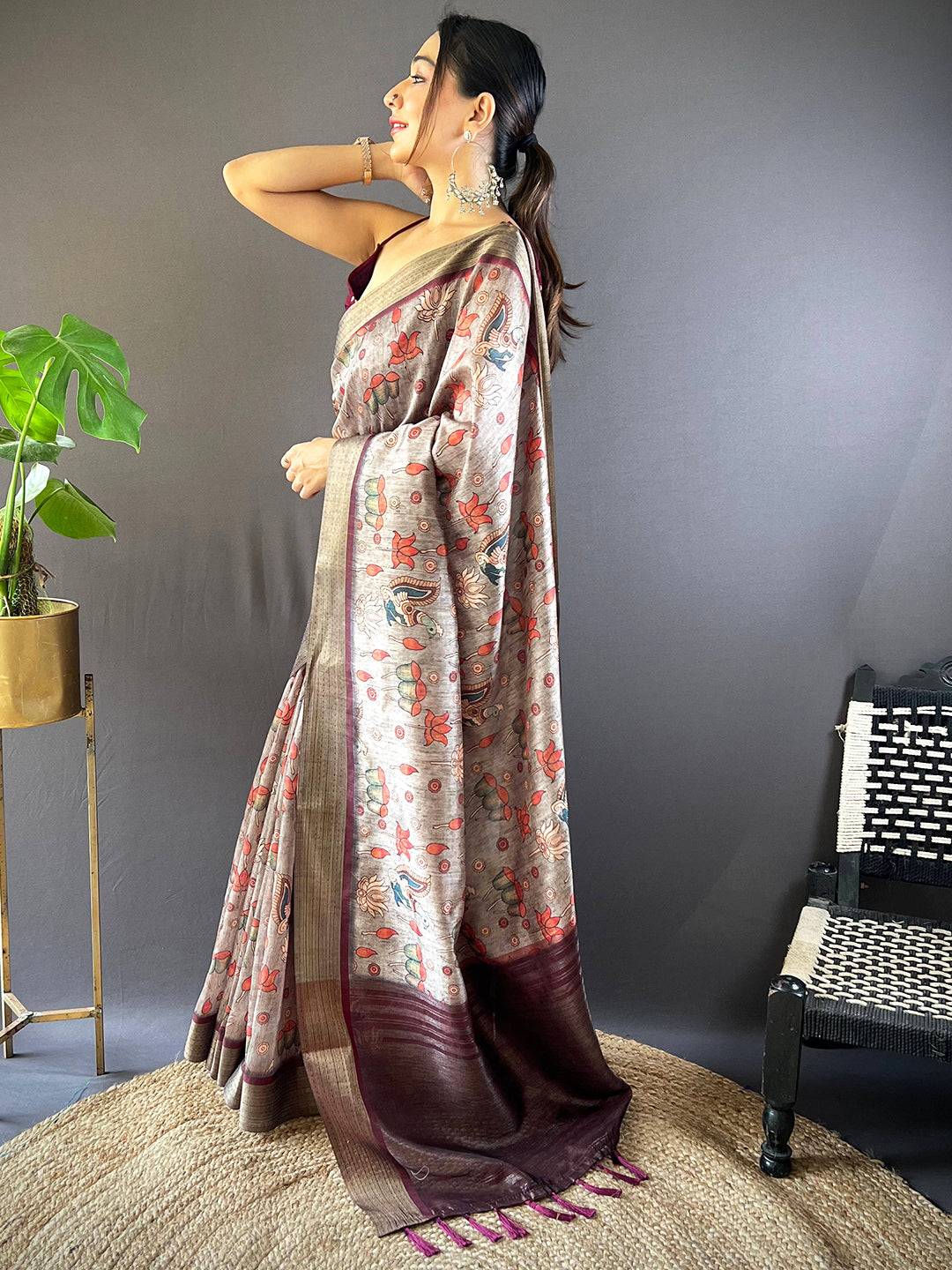 Grey Kalamkari Tussar Silk Saree by My Store