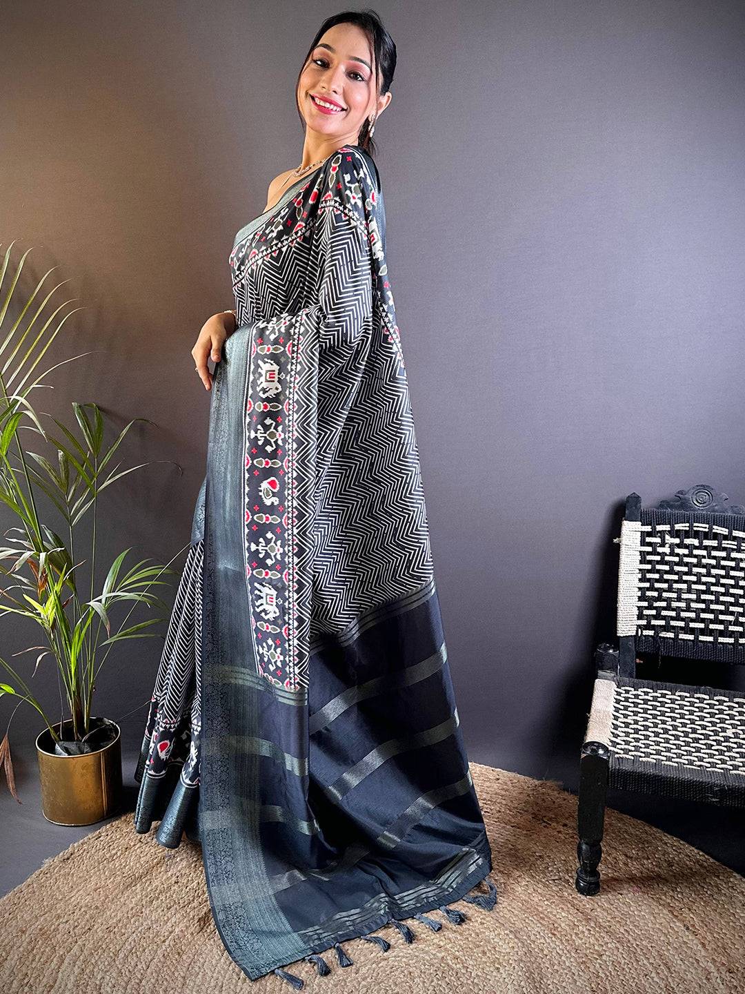 Grey Zig Zag Kalamkari Kanchi Silk Saree by My Store