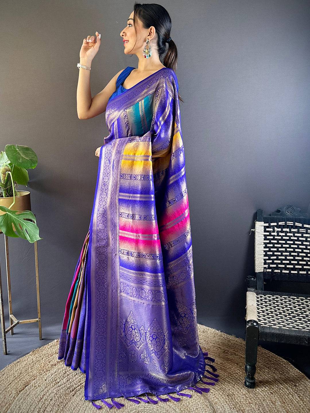 Regal Purple Stripes Banarasi Silk Saree by My Store