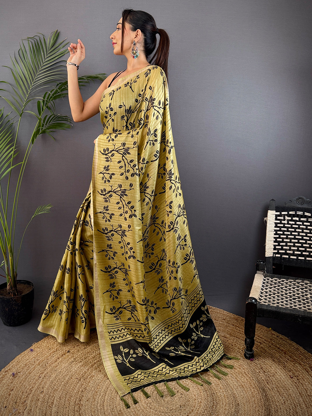 Mustard Yellow Ghicha Leaf Print Saree by My Store