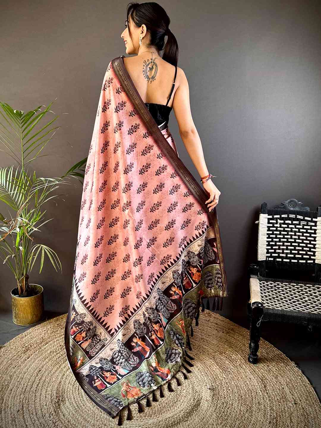 Pink Soft Silk Bird Kalamkari Print Saree by My Store