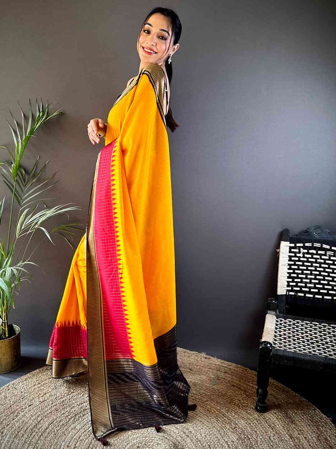 Sunshine Yellow Zari Pallu Cotton Viscose Saree by My Store