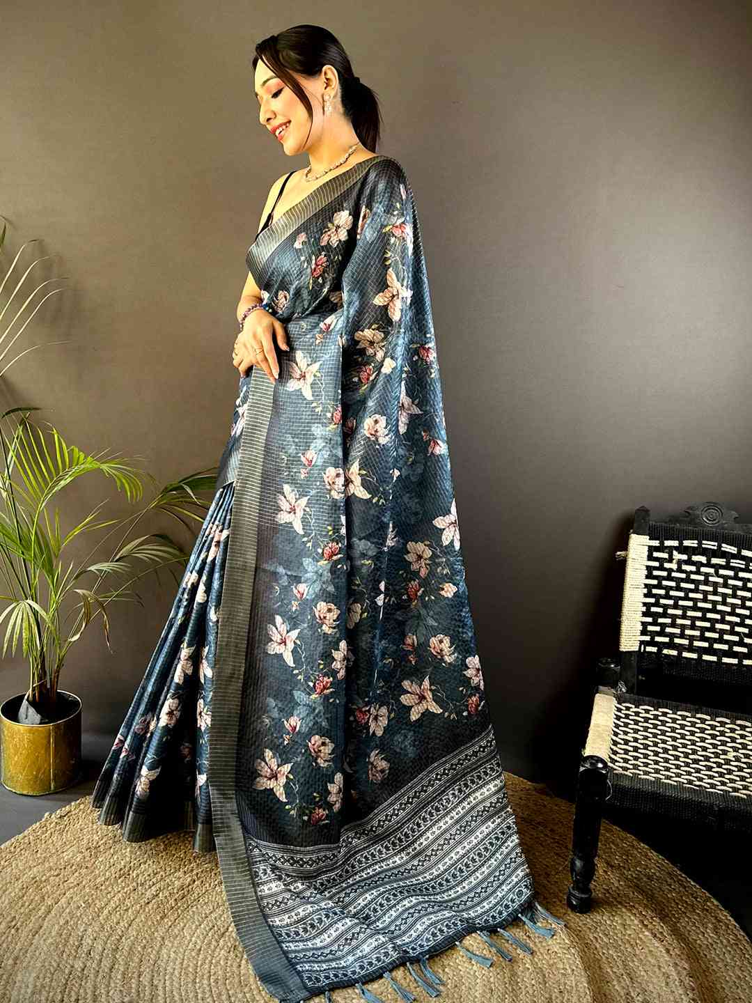 Steel Blue Tissue Chanderi Digital Check Saree by My Store