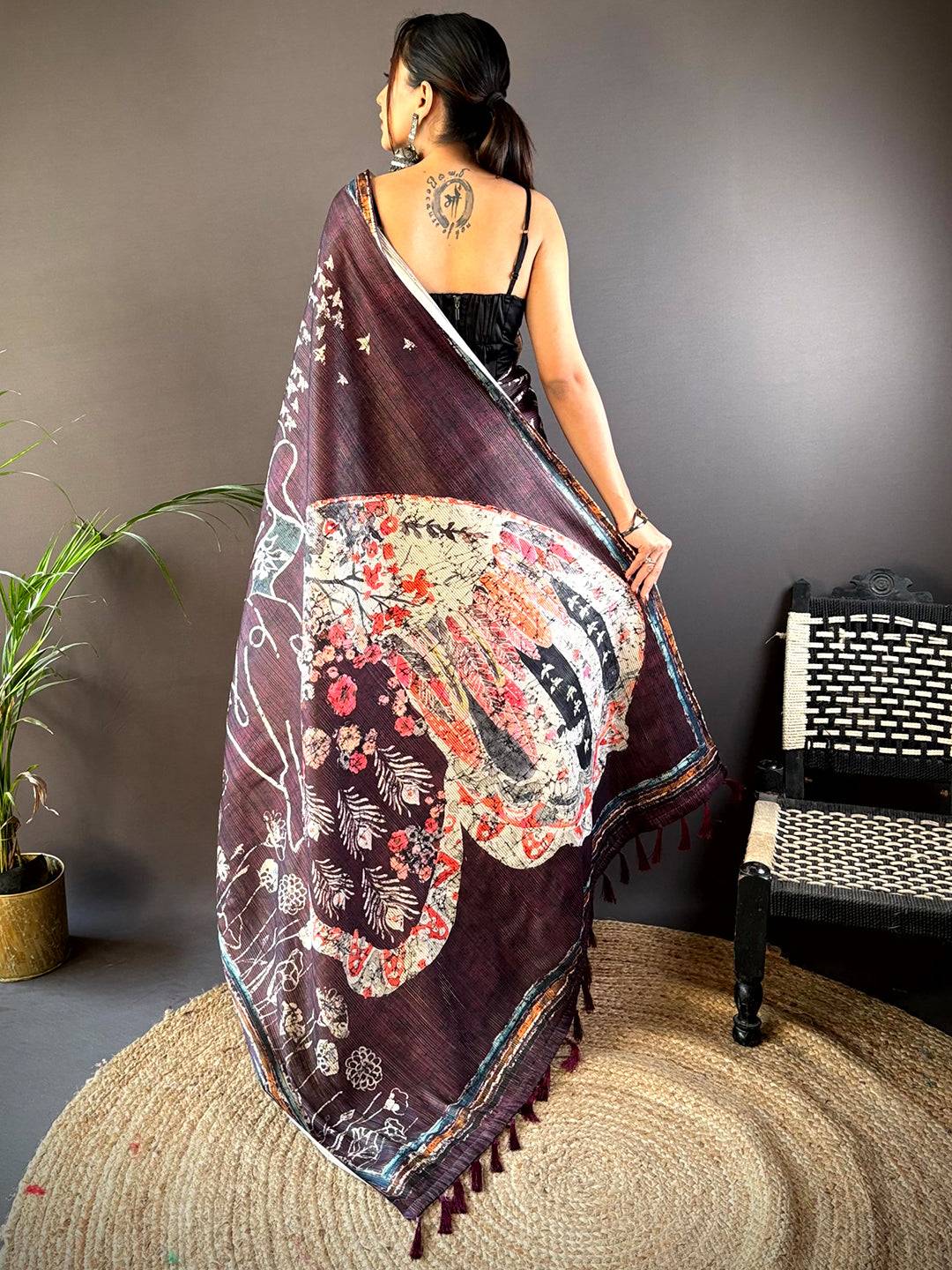 Purple Monochromatic Botanical Print Saree by My Store
