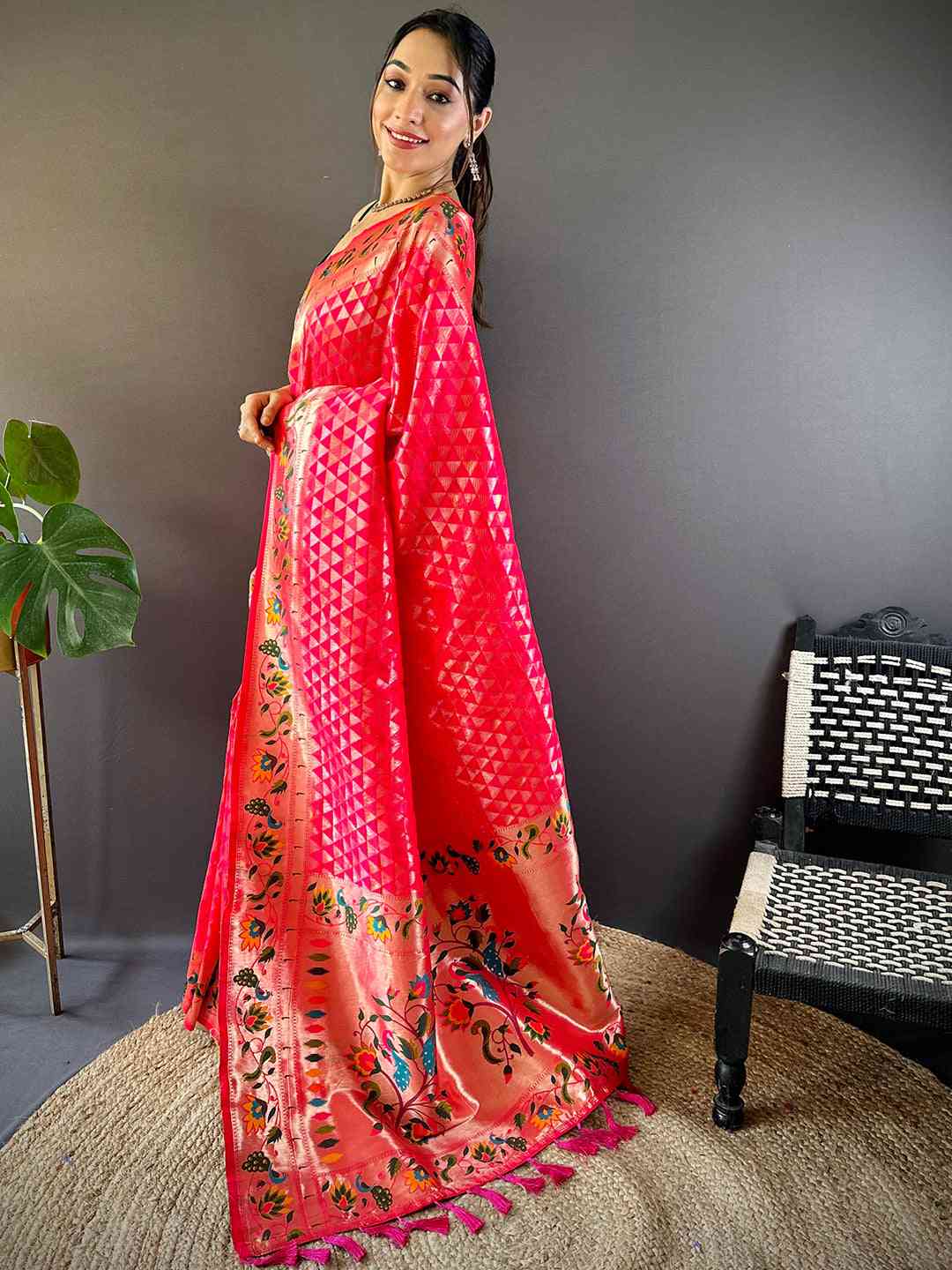 Pink Silk Blend Woven Zari Work Paithani Saree by My Store
