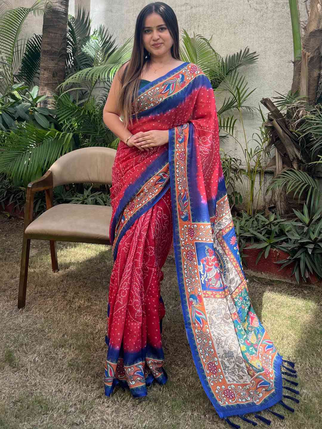 Red Colour Design Linen Saree with Bandhej and kalamkari Digital Print by My Store