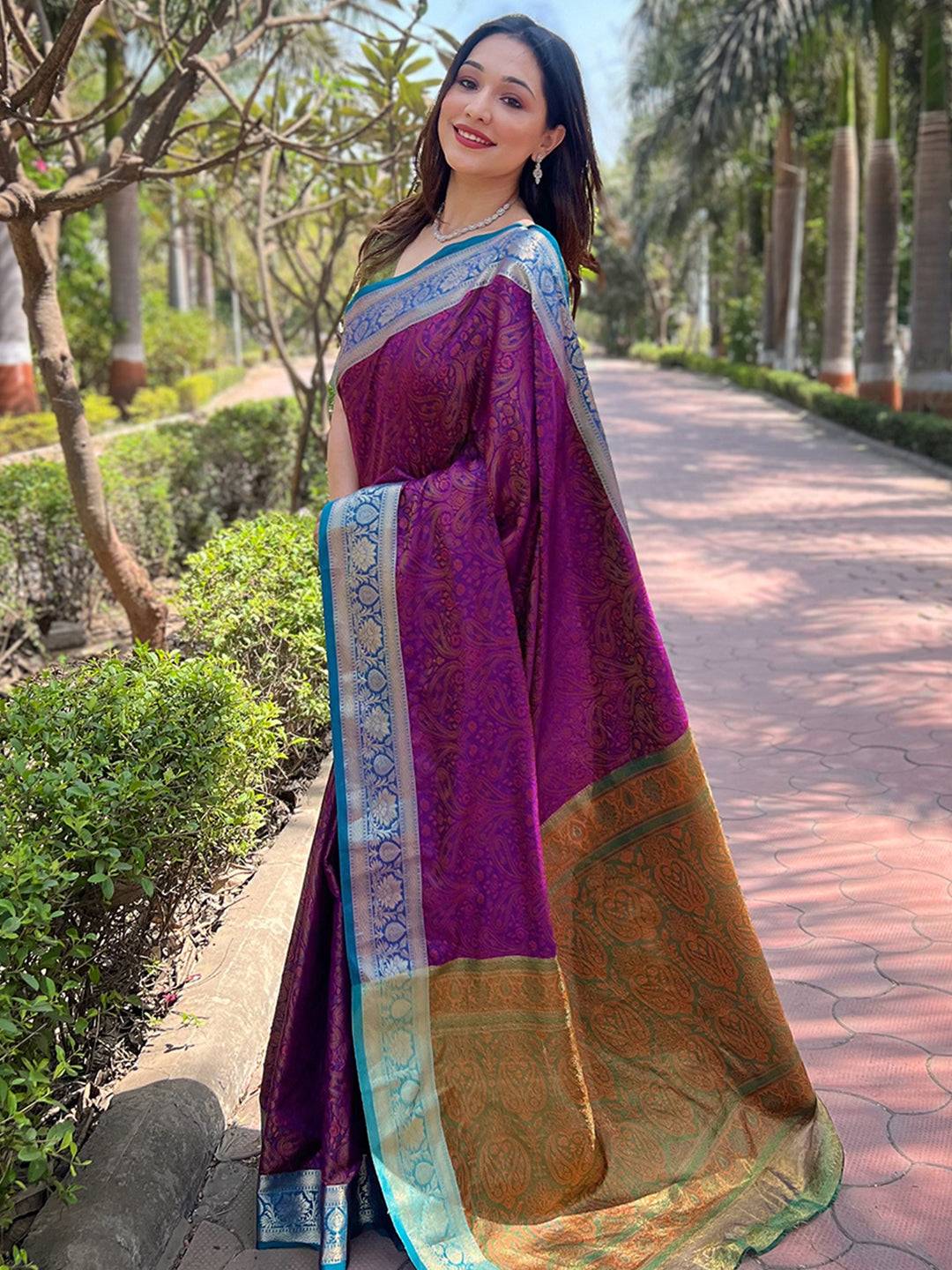 Purple Paisley Silk Saree by My Store