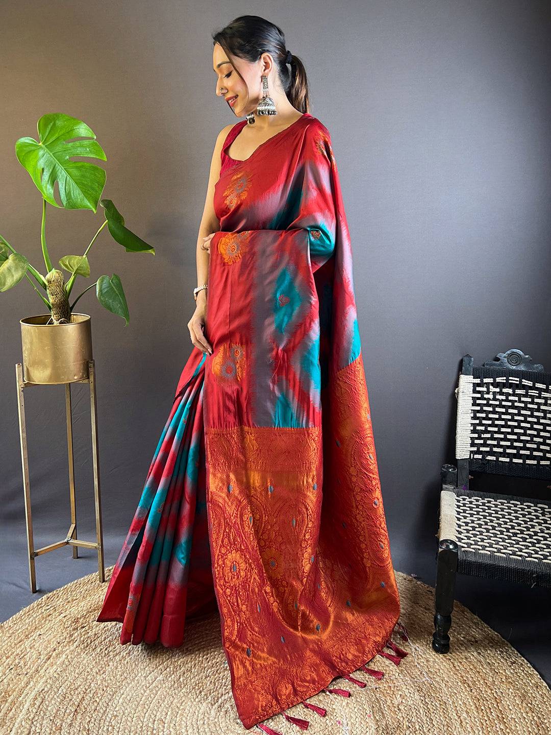 Teal Tussar Silk Ikkat Weaving Saree