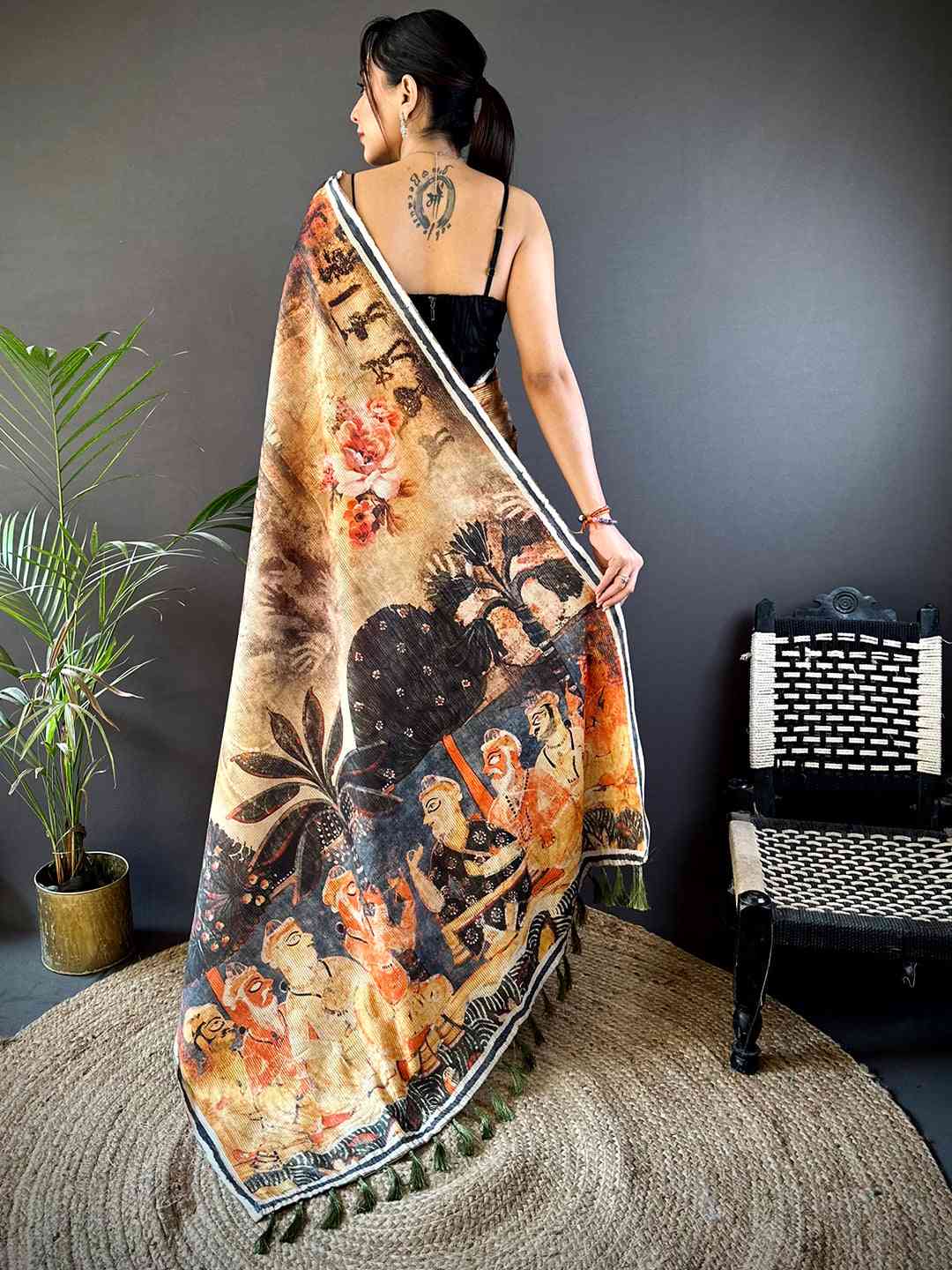 Orange Gold Zari Tussar Batik Print Saree by My Store