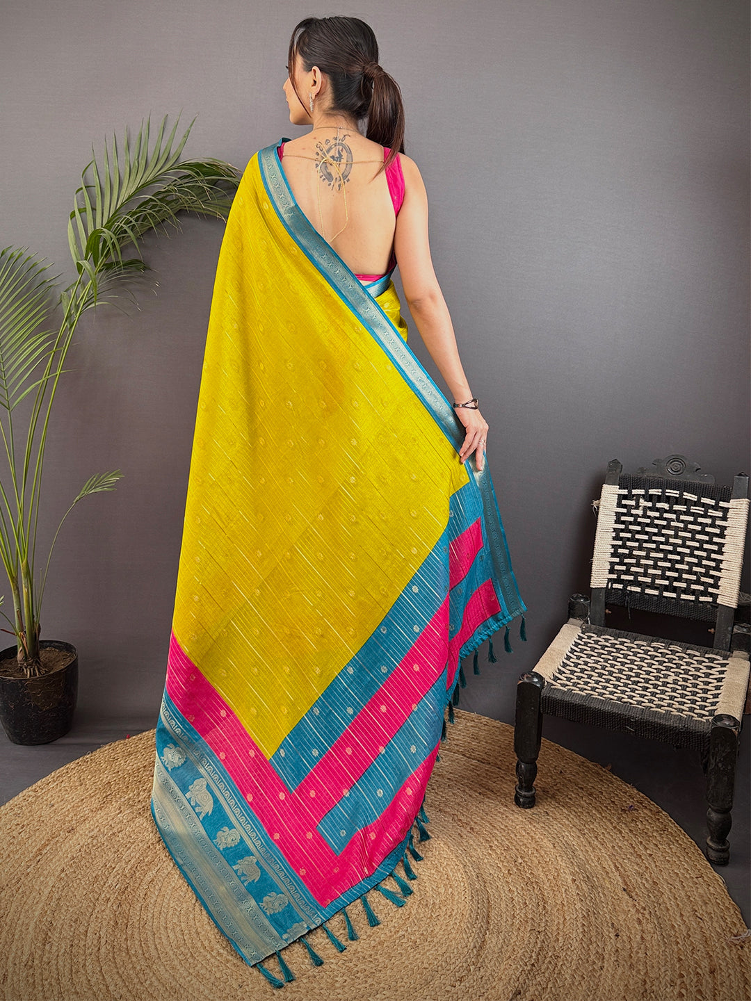 Yellow Soft Dola Silk Striped Print Saree