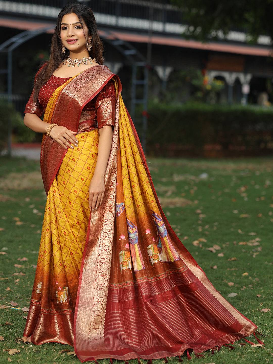 Mustard Colour Pure Viscose Dola Silk Saree With Mughal Motifs - Luxe