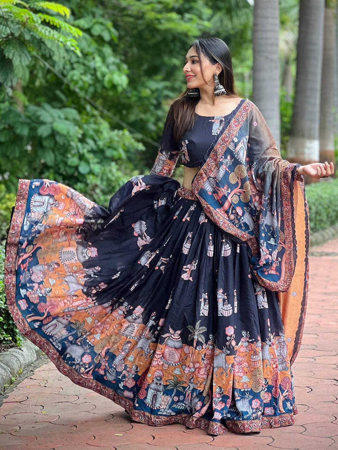 Raven Black Kalamkari Lehenga Set by My Store