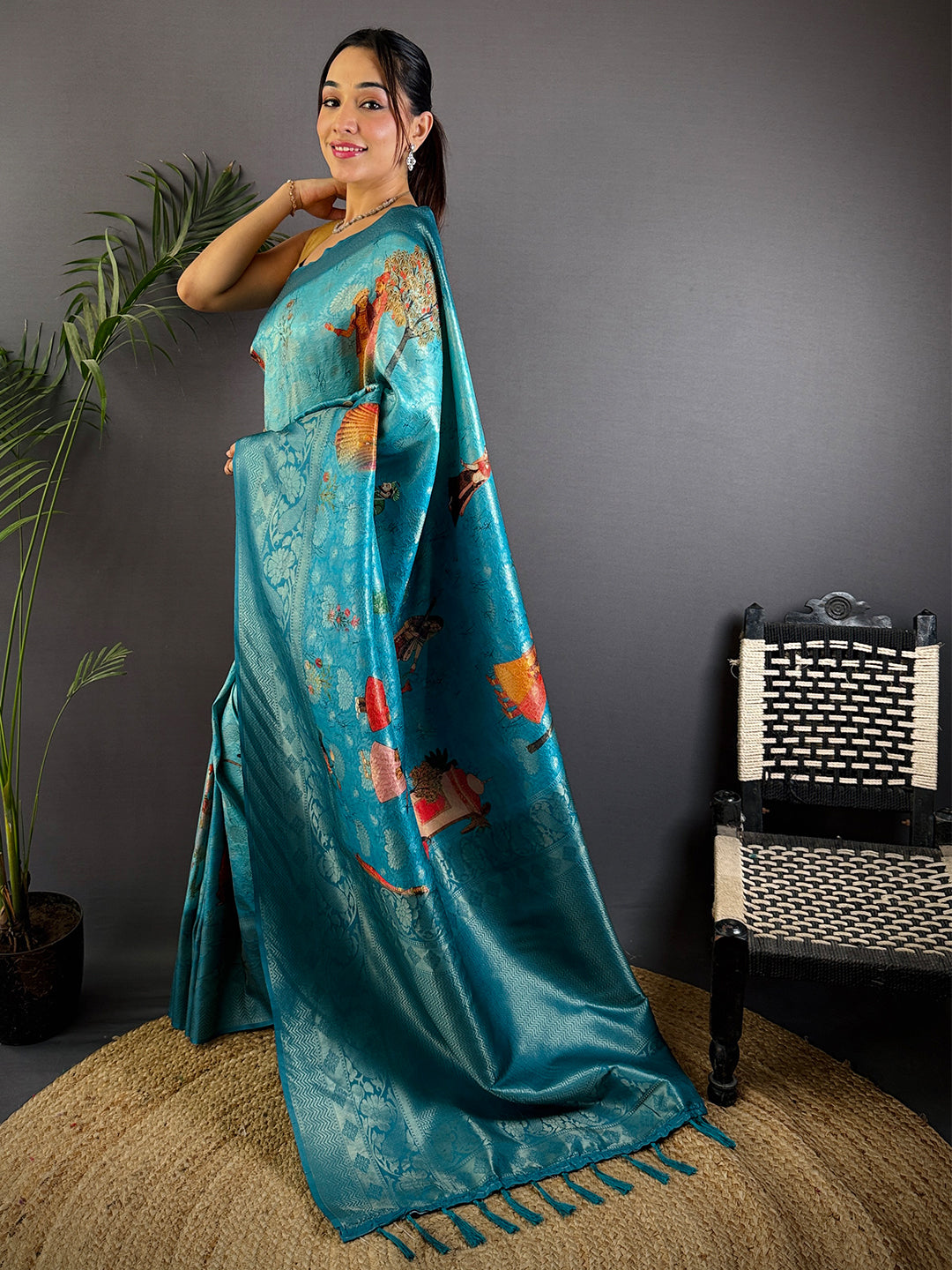 Dark Blue Kanjivaram Silk Digital Print Saree by My Store