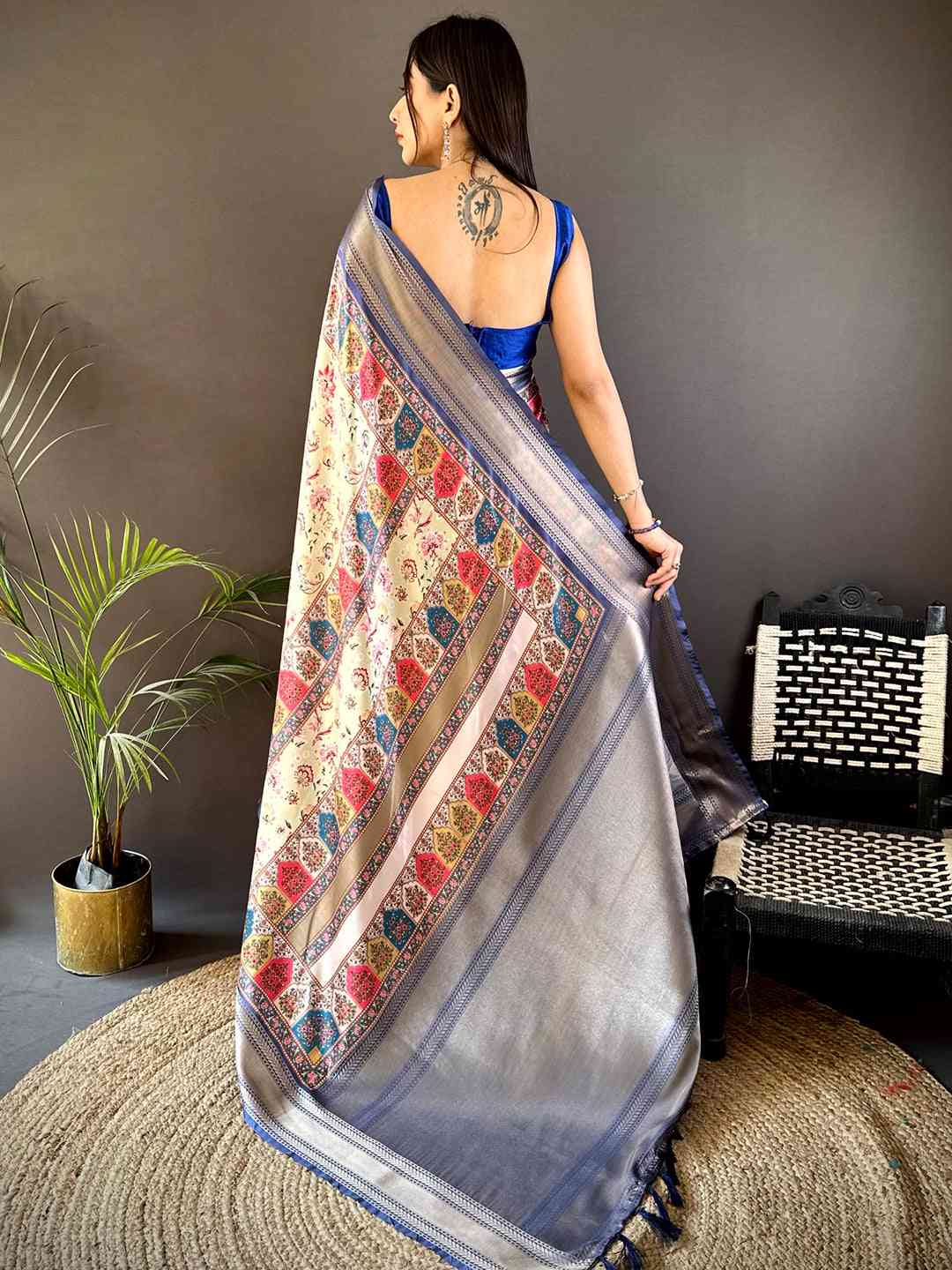 Royal Blue Mughal Kalamkari Print Pashmina Saree by My Store