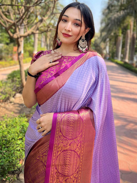 Lavender Aura Soft Silk Saree With Kanjivaram Weaving Broced Zari Blouse by My Store
