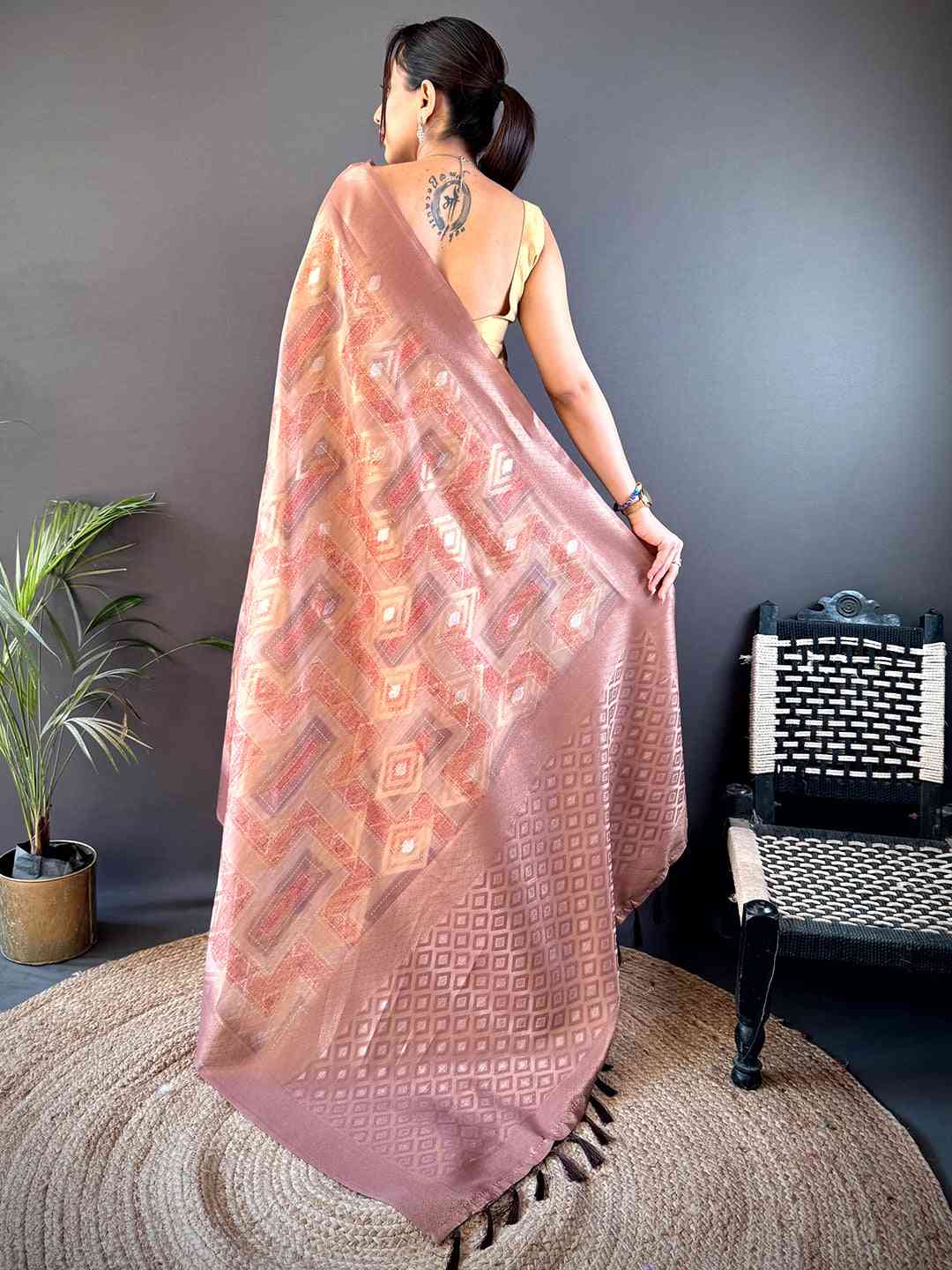 Brown Banarasi Silk Katan Geometric Saree by My Store
