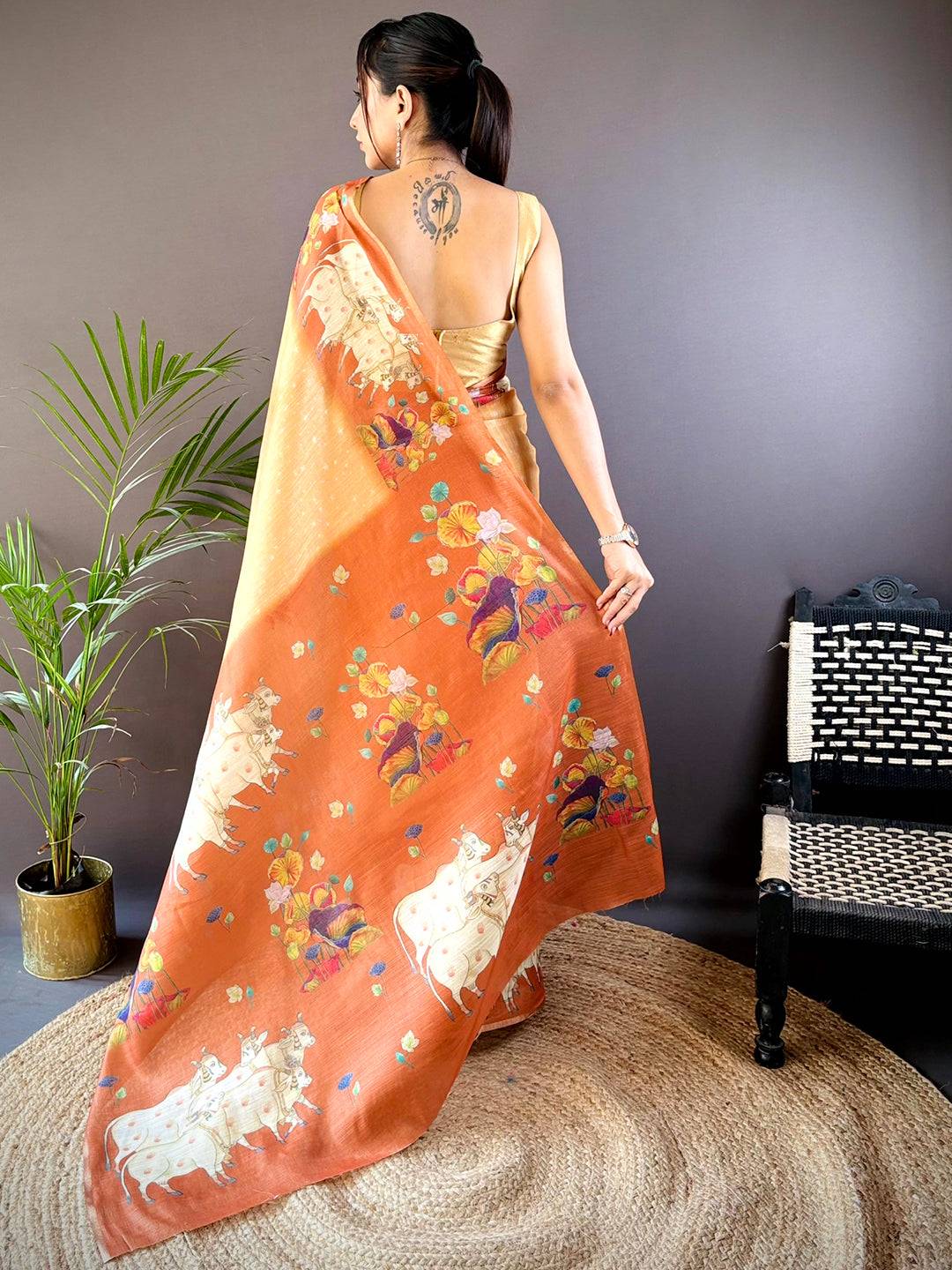 Orange Chanderi Pichwai Print Saree by My Store
