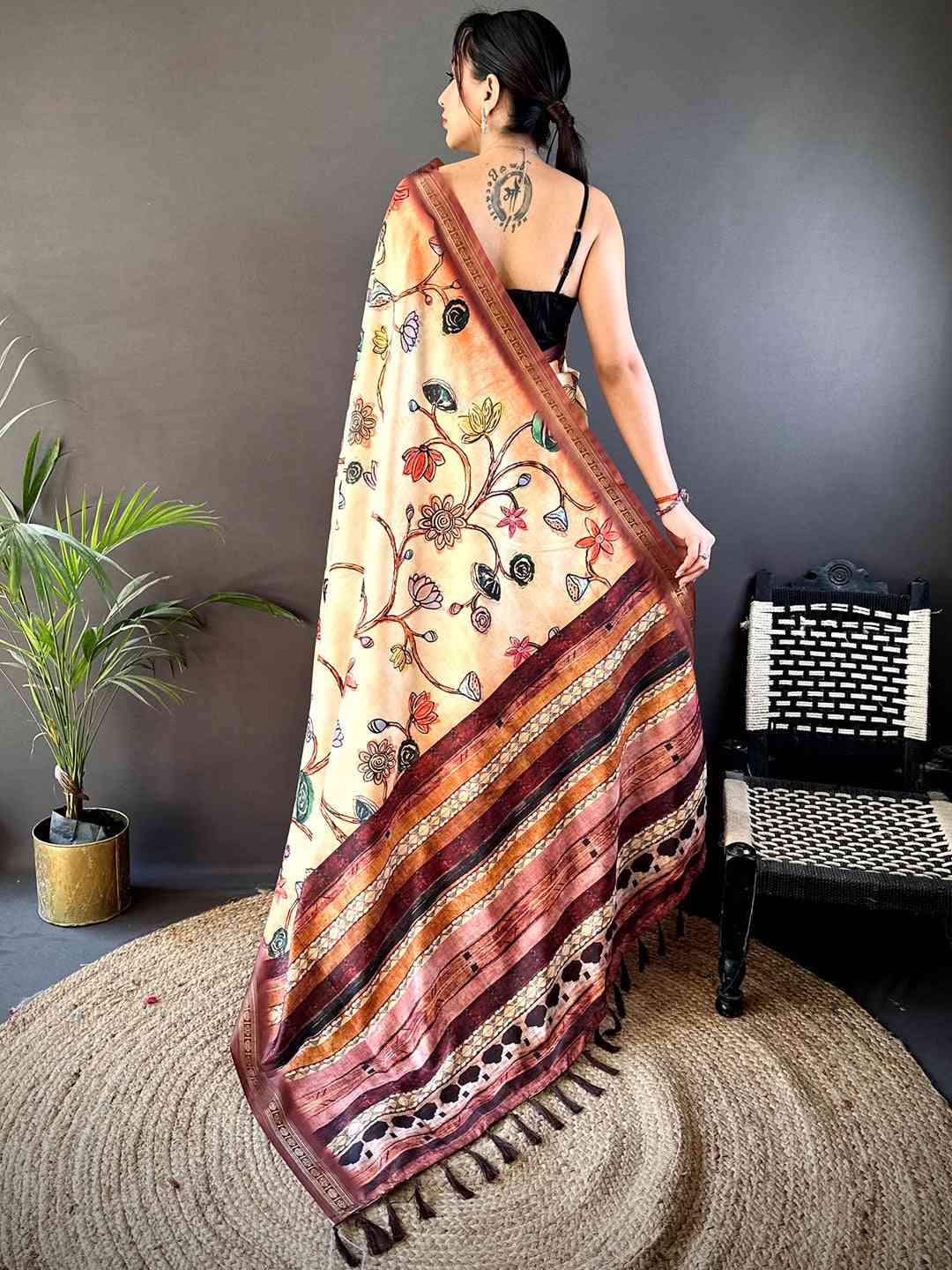 Peach Soft Silk Freehand Kalamkari Print Saree by My Store