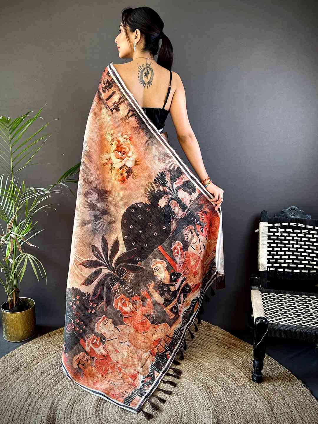 Peach Gold Zari Tussar Batik Print Saree by My Store