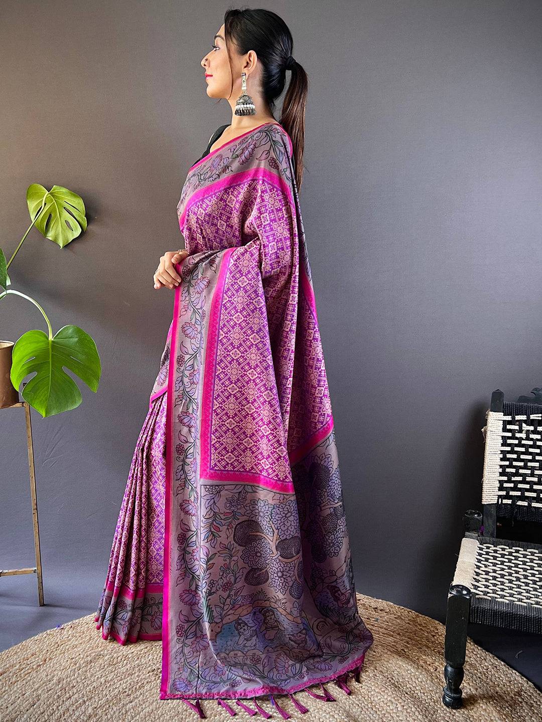 Deep Pink Patola And Kalamkari Fusion Saree by My Store