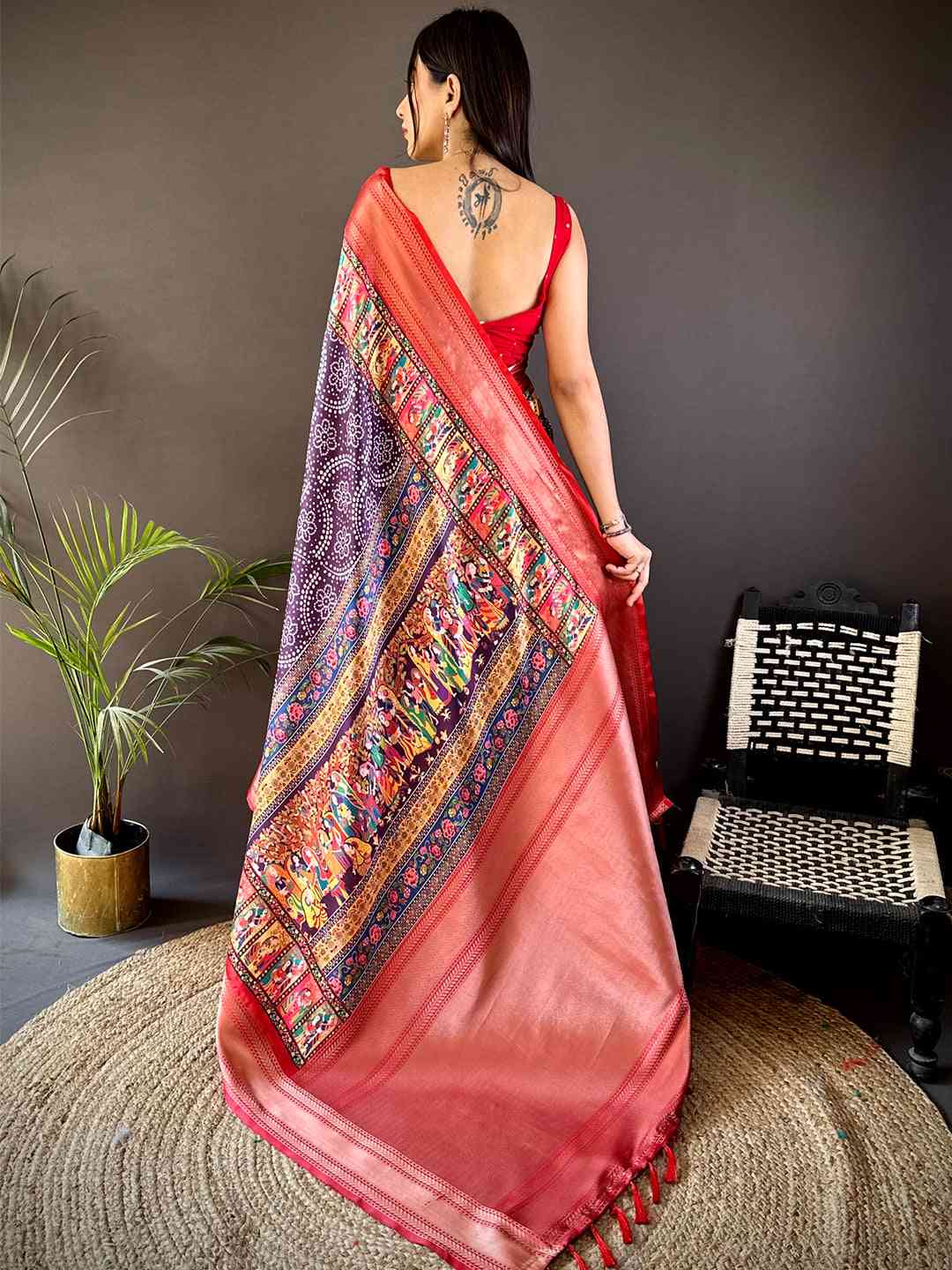 Purple Mughal Kalamkari Print Pashmina Saree by My Store