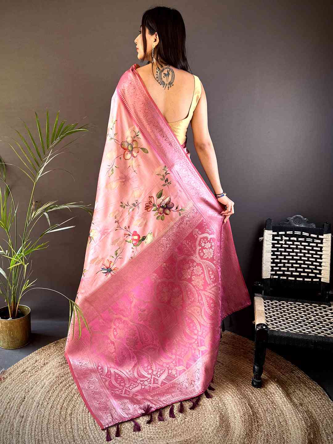 Pink Bamboo Silk Floral Saree by My Store