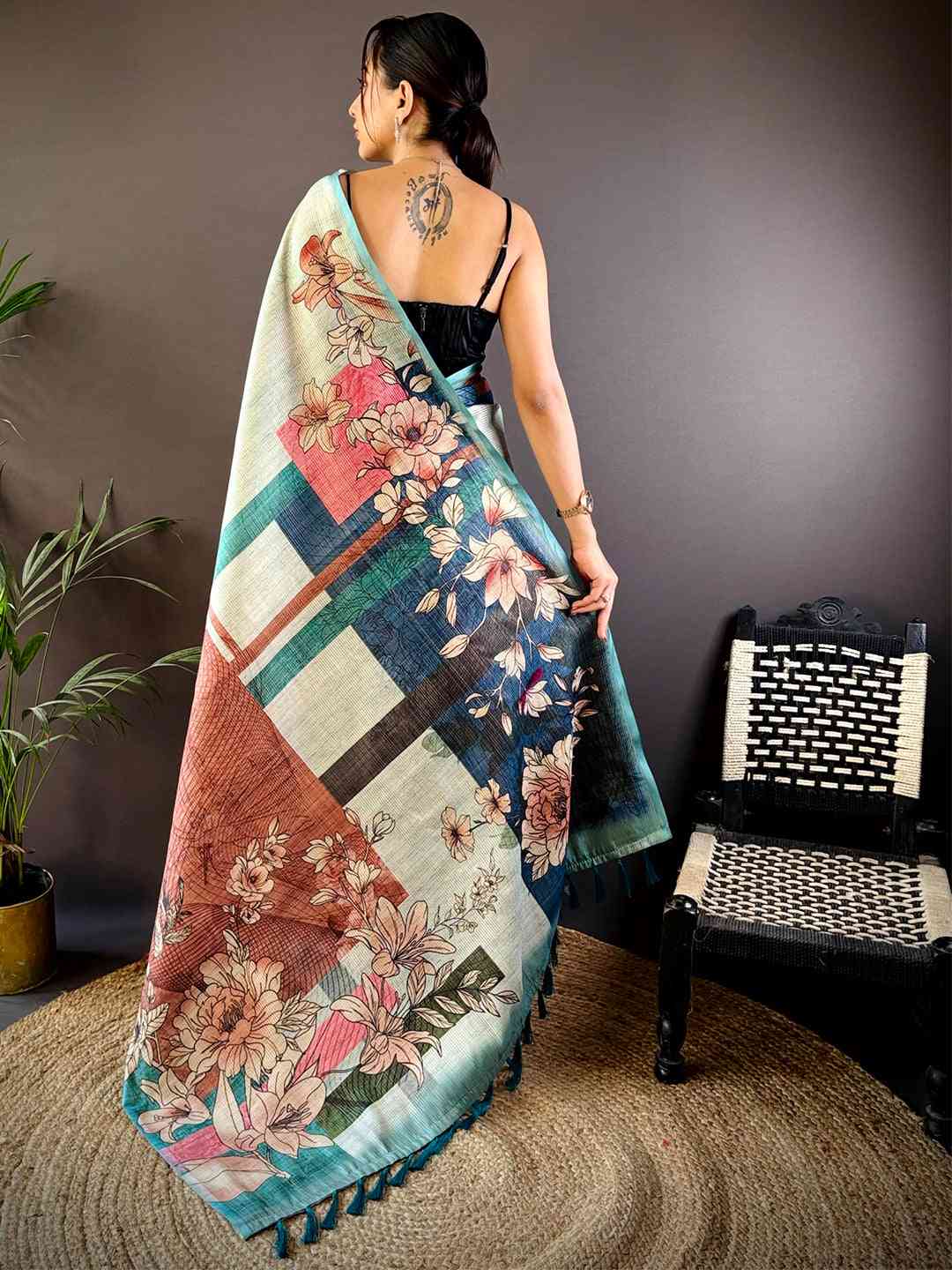 Multi Tussar Zari Floral Saree by My Store