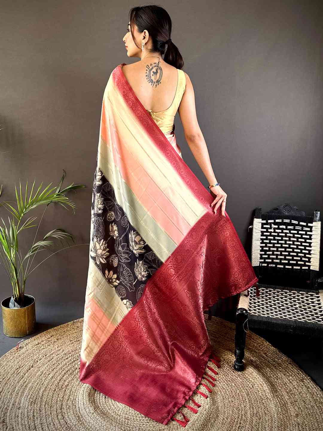 Cream Kalamkari Ombre Crepe Silk Saree by My Store