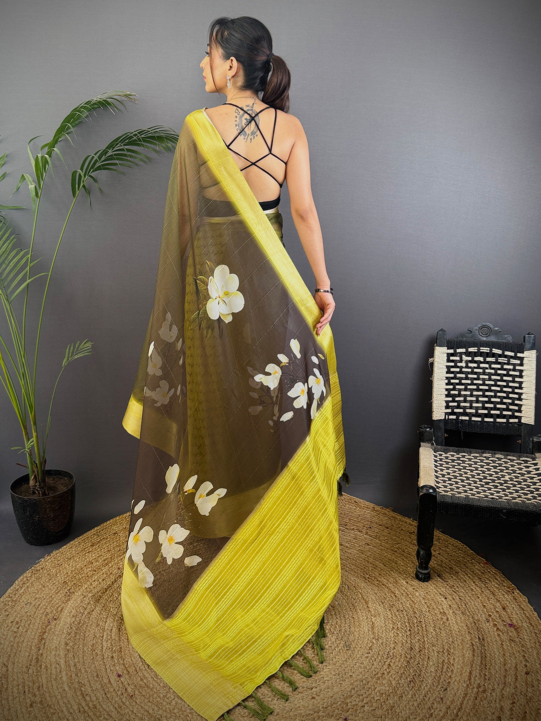 Olive Green Soft Organza Digital Print Saree by My Store