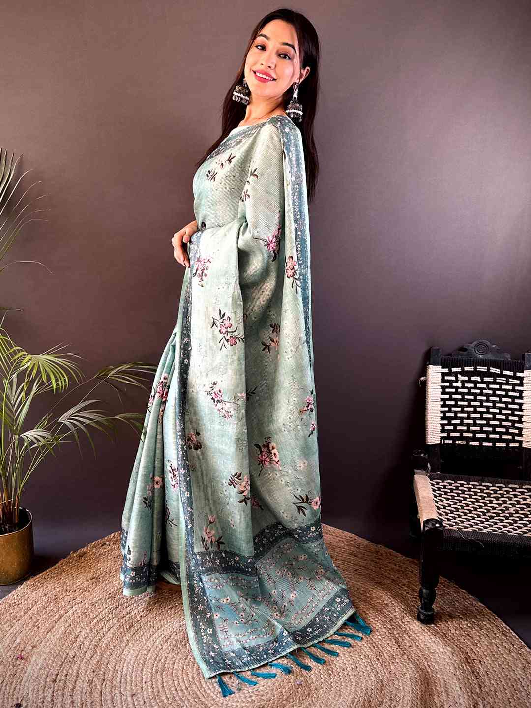 Pastel Green Zari Tussar Floral Print Saree by My Store