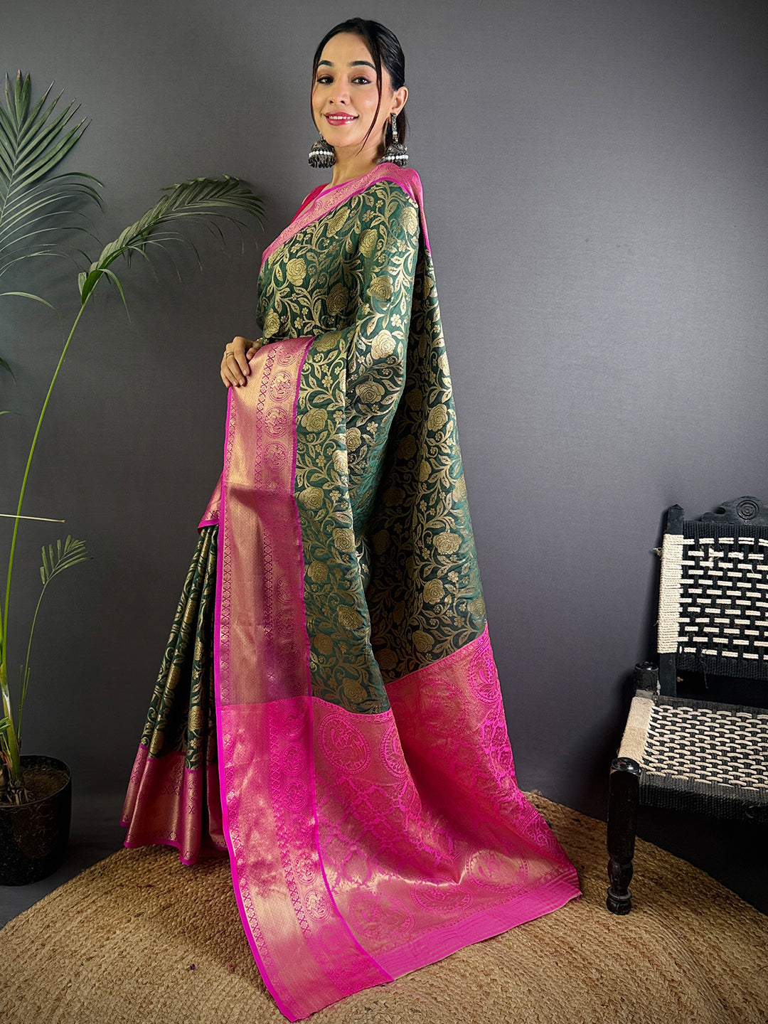 Green Floral Zari Banarasi Kanjivaram Silk Saree by My Store