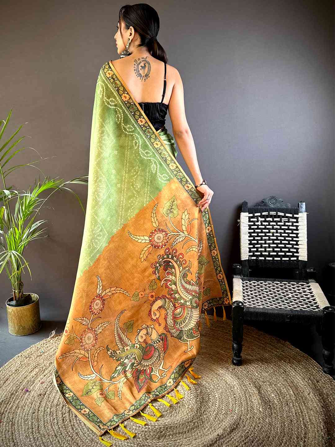 Pista Tissue Bandhej Kalamkari Saree by My Store