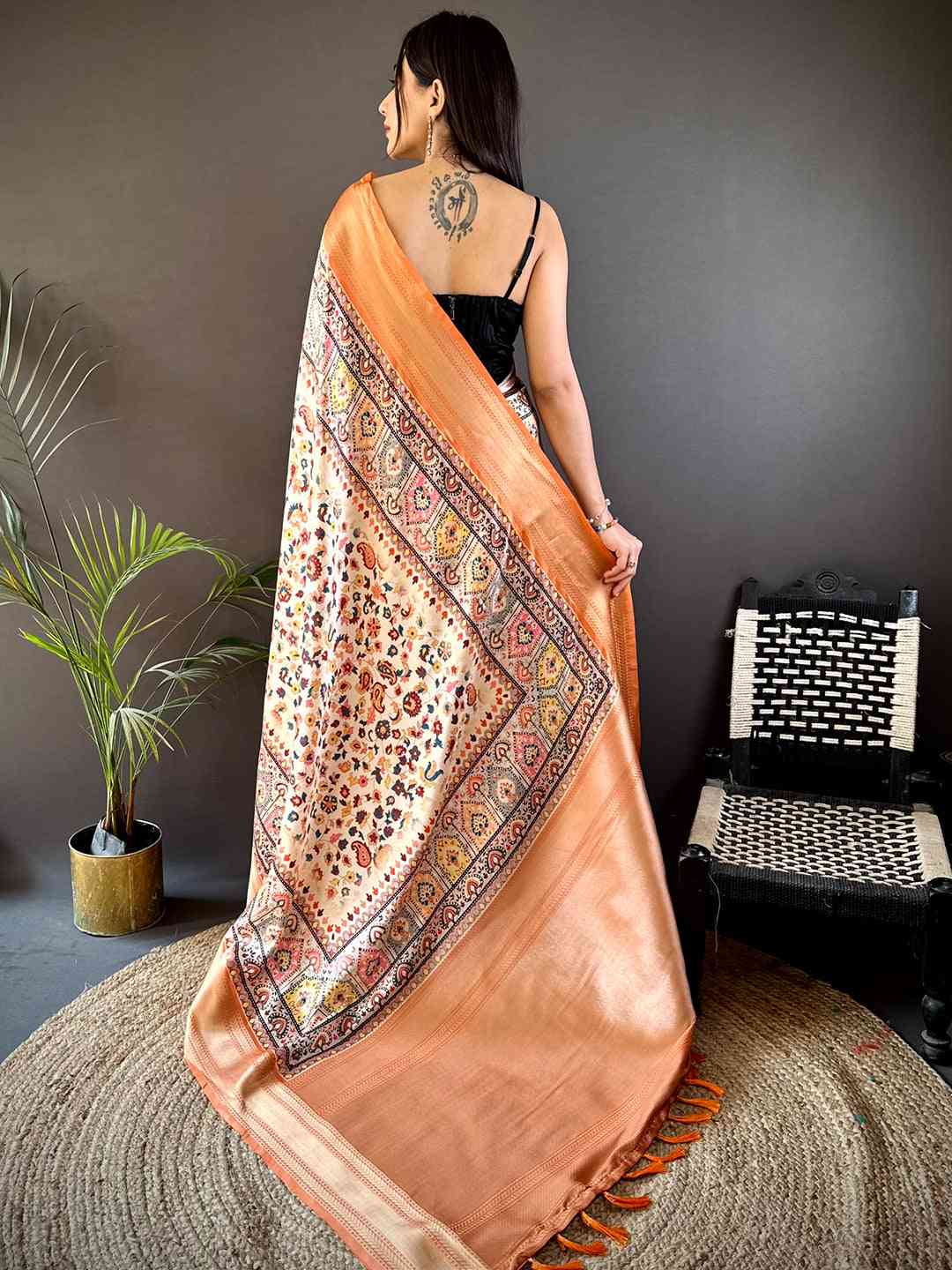 Light Orange Mughal Kalamkari Print Pashmina Saree by My Store
