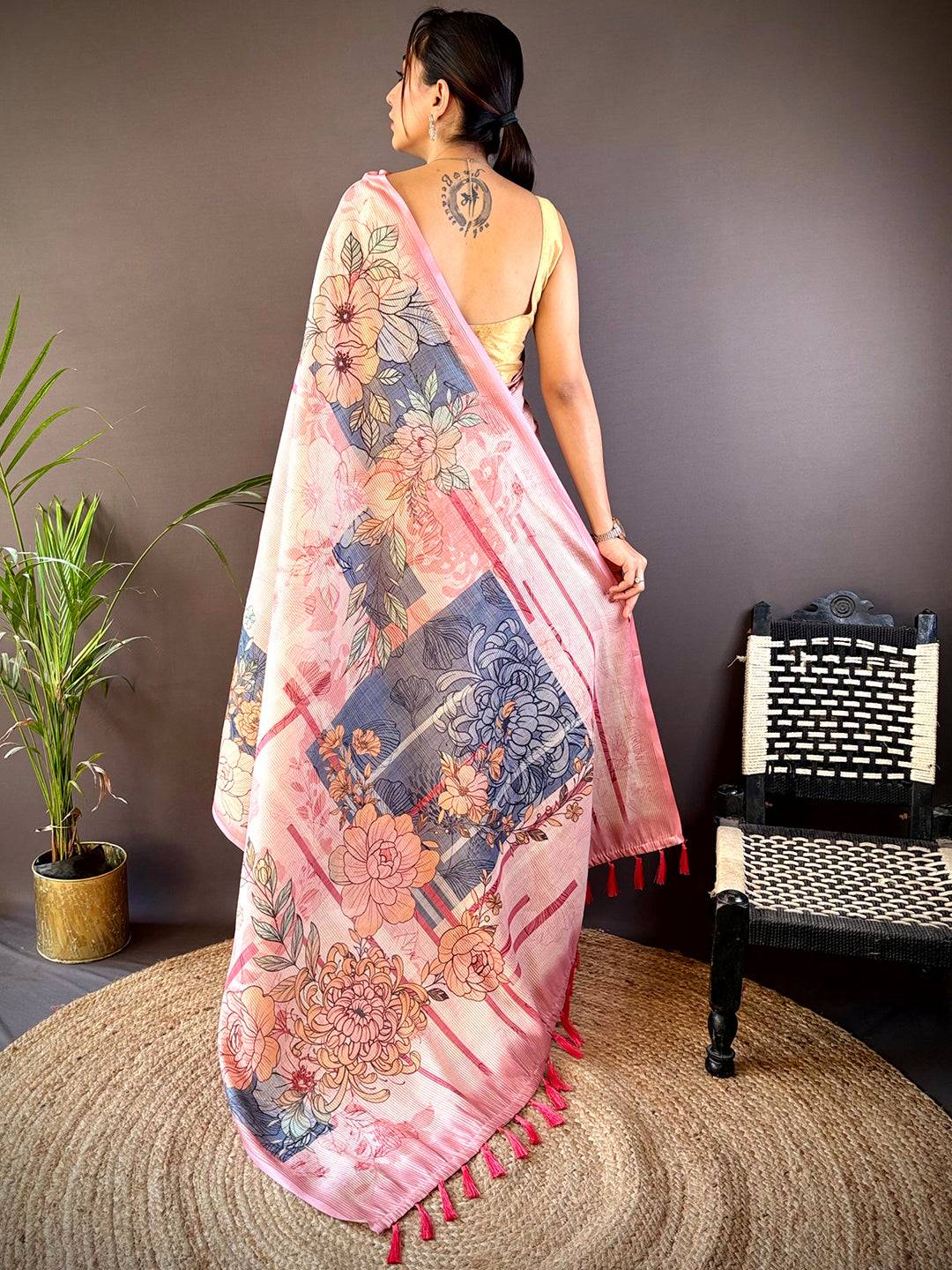 Rose Pink Tussar Floral Saree by My Store