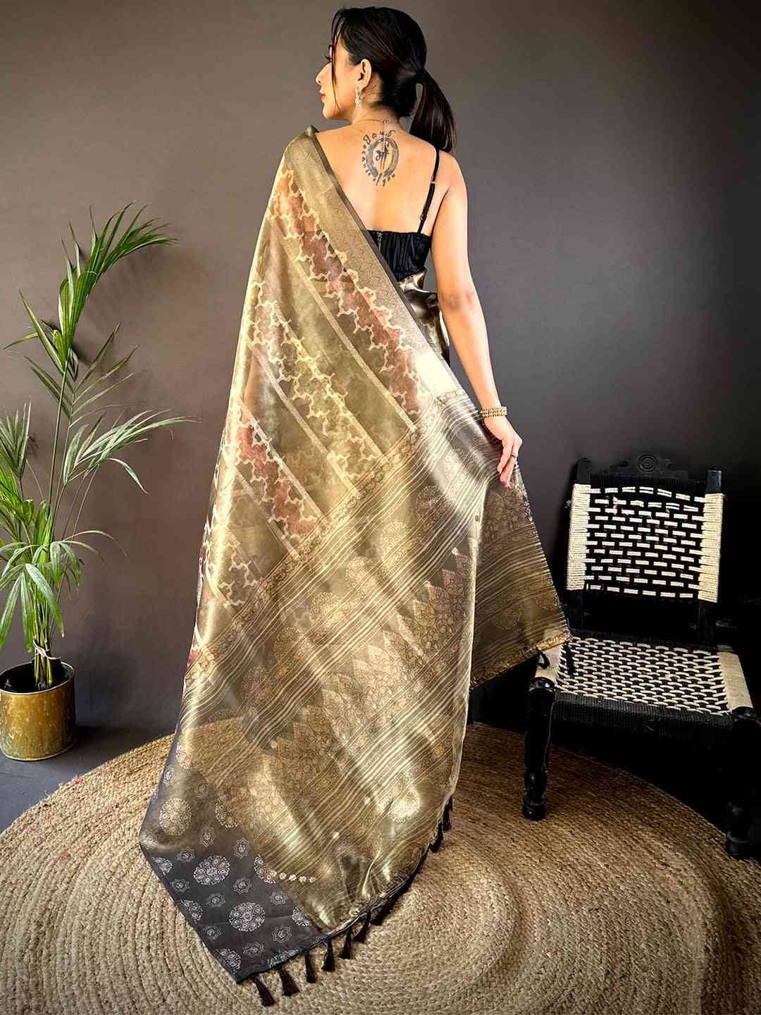 Light Brown Tissue Striped Digital Printed Saree by My Store
