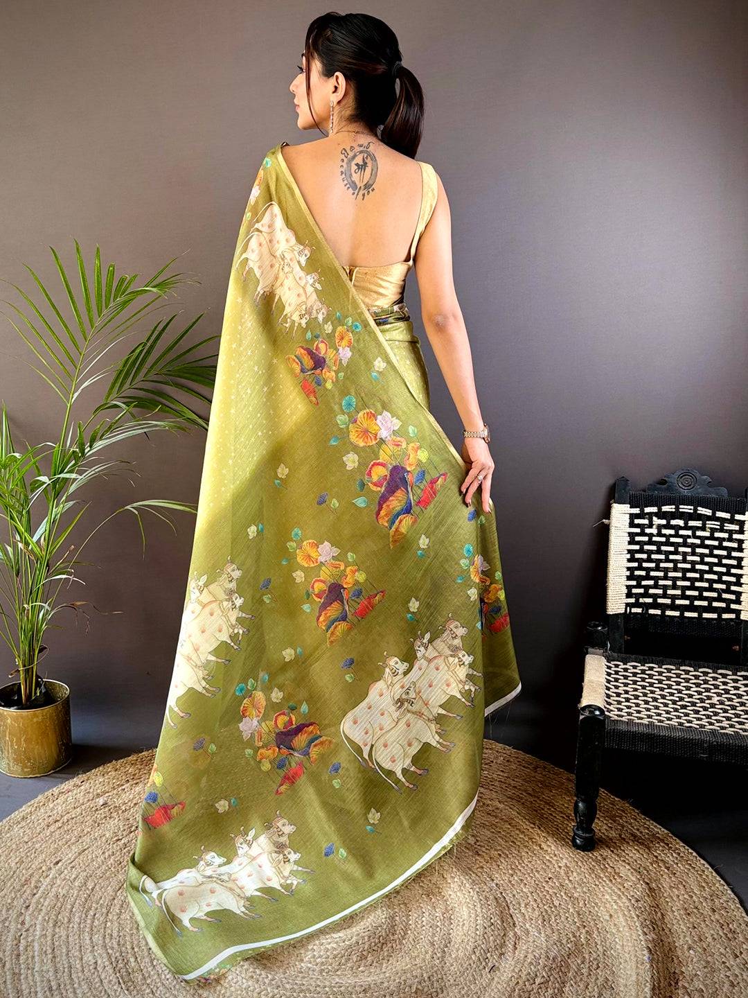 Green Chanderi Pichwai Print Saree by My Store