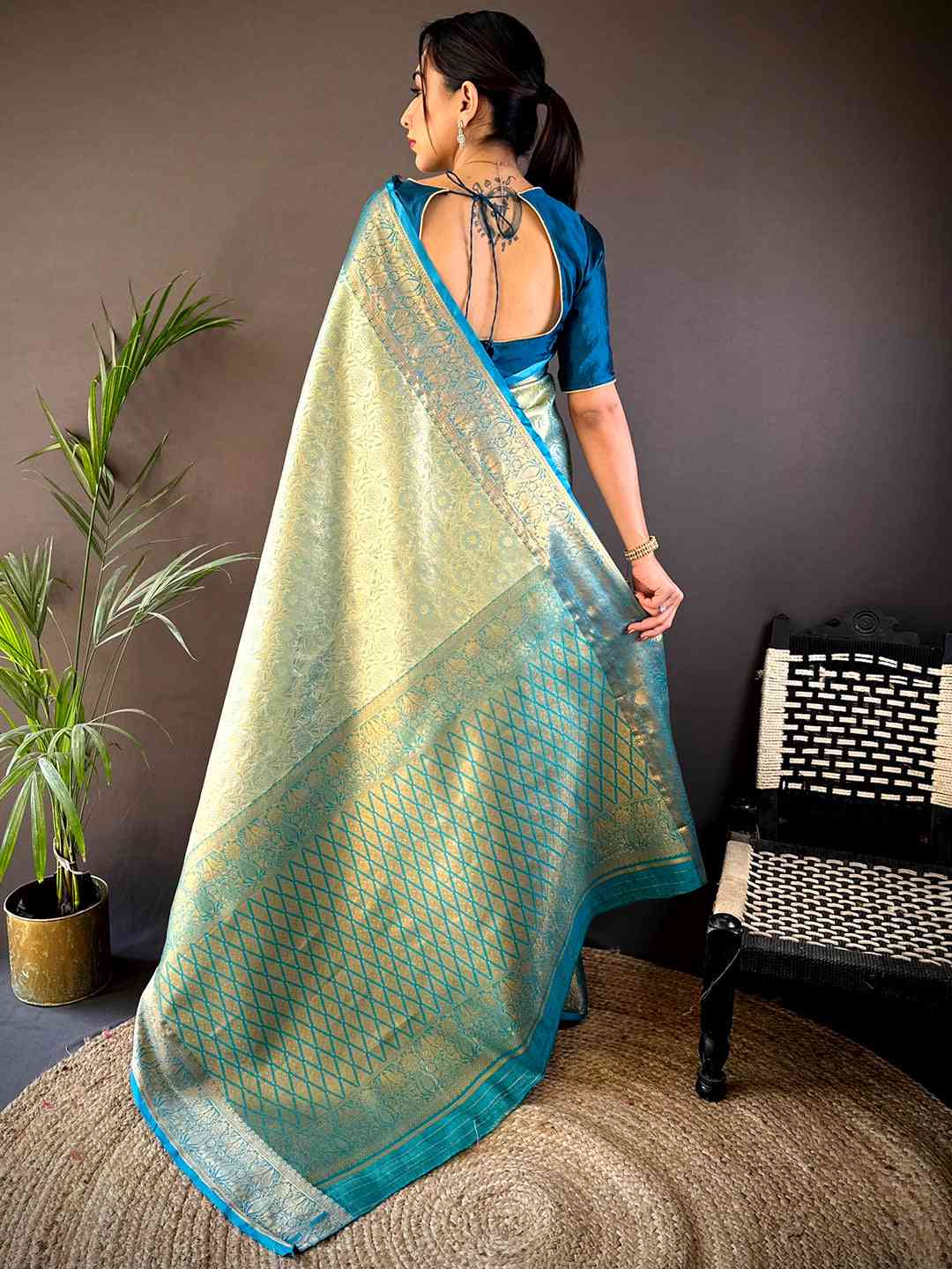 Gold Zari Floral Saree in Rama by My Store